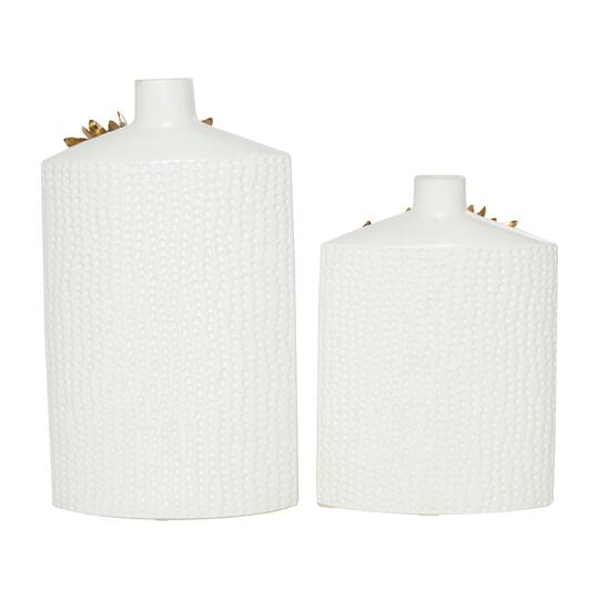 White & Gold Leaf Accent Ceramic Vase Set